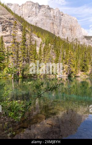 Vista sulla natura del lago di sentieri dei laghi grassi, immerso in una tranquilla natura selvaggia fuori dalla città di Canmore vicino a Kananaskis durante la stagione estiva. Foto Stock