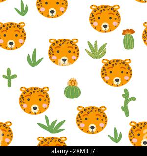 Motivo senza cuciture con graziosi volti di animali leopardati. Illustrazione in stile boho, cattura dei sogni, cactus, palme, tropici Illustrazione Vettoriale