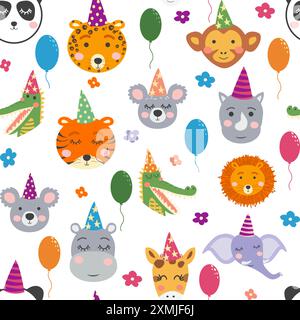Motivo senza cuciture con simpatici volti di animali. Illustrazione delle festività, compleanno, palle, berretti. Illustrazione Vettoriale
