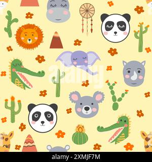 Motivo senza cuciture con simpatici volti di animali tribali. Illustrazione in stile boho, cattura dei sogni, cactus, palme, tropici. Illustrazione Vettoriale
