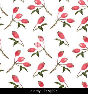 Ramoscelli rosa-hip motivo acquerello senza cuciture isolato su bianco. Arte di alta qualità disegnata a mano con piante forestali commestibili selvatiche in semplice stile piatto per Foto Stock