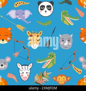 Fantasia perfetta per il bambino con simpatici volti di animali tribali. Illustrazione in stile scandinavo, indiani con piume e archi Illustrazione Vettoriale