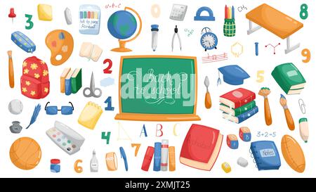 Collezione di elementi vettoriali scolastici. Collezione piatta vettoriale di elementi scolastici carini per bambini. Matita, libri, borsa, globo, cancelleria, libri di testo e. Illustrazione Vettoriale