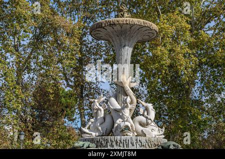 Fontana delle Galapagos (tartarughe di stagno) nota anche come Fontana di Isabella II, costruita nel 1831, situata nel Parco del Retiro a Madrid, Spagna Foto Stock