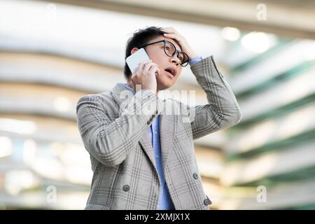 Uomo scioccato che parla al telefono cellulare in ambiente urbano Foto Stock