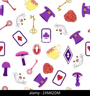 Schema del paese delle meraviglie: Coniglio, gatto del Cheshire, fenicottero, carte, cappello, tazza di funghi, orologio e rose Illustrazione Vettoriale