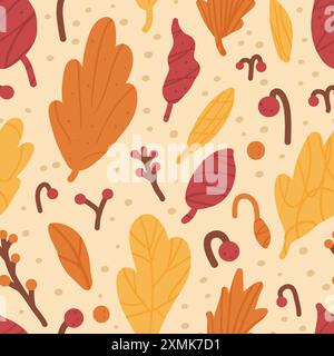 Motivo autunnale senza cuciture con foglie e frutti di bosco colorati su sfondo beige. Sfondo di ripetizione della foresta autunnale. Illustrazione vettoriale disegnata a mano. Illustrazione Vettoriale