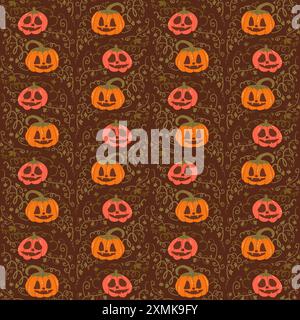 Halloween senza cuciture. Sfondo continuo di tutti i doni. Le zucche ripetono la copertura superficiale. Jack o lanterna. Illustrazione vettoriale disegnata a mano. Illustrazione Vettoriale