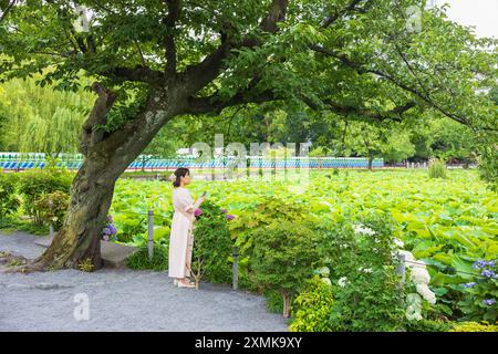 Tokyo, Giappone, 14 giugno 2024: Una donna che indossa un abito rosa fotografa lo stagno Shinobazu pieno di piante di loto mentre si trova sotto un ciliegio i Foto Stock