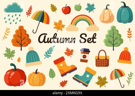 Set di elementi autunnali. Semplice illustrazione vettoriale piatta. Clipart isolato. Illustrazione Vettoriale