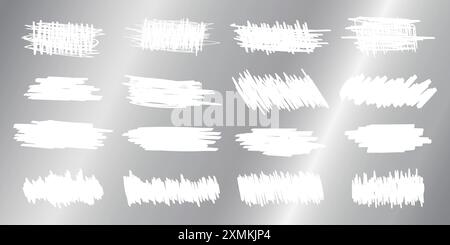 Texture raschiate sulla superficie argento graffiata. Collezione di effetti di raschiatura su gratta e vinci, biglietti di gioco, lotto o coupon di vendita isolati su sfondo metallico. Illustrazione vettoriale. Illustrazione Vettoriale