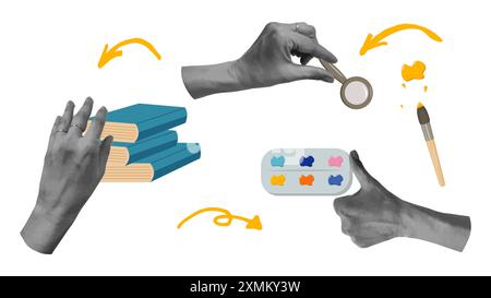 Ritorno a scuola collage con le mani mezzitoni. Cartoline, notebook, banner di design di tendenza. Illustrazione vettoriale. Illustrazione Vettoriale