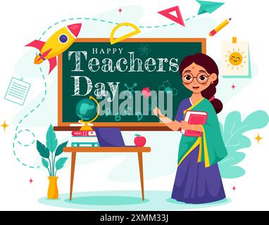 Happy Teachers Day in India illustrazione vettoriale con insegnante che indossa abiti tradizionali e attrezzature scolastiche in uno sfondo piatto di cartone animato Illustrazione Vettoriale