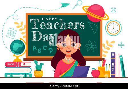 Happy Teachers Day in India Vector Illustration featuring Teacher Wearing Traditional Clothes and School Equipment in a Flat Cartoon Background Stock Vector