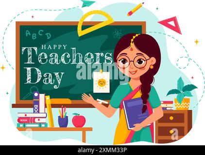 Happy Teachers Day in India illustrazione vettoriale con insegnante che indossa abiti tradizionali e attrezzature scolastiche in uno sfondo piatto di cartone animato Illustrazione Vettoriale