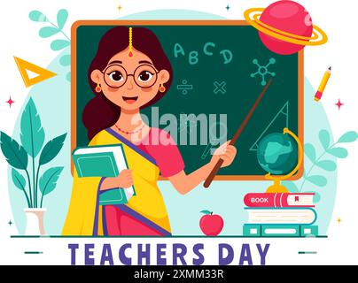 Happy Teachers Day in India Vector Illustration featuring Teacher Wearing Traditional Clothes and School Equipment in a Flat Cartoon Background Stock Vector