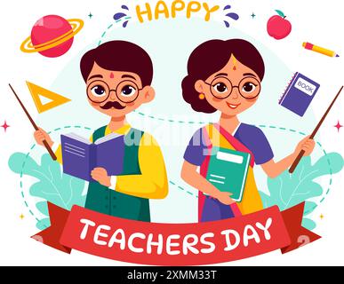 Happy Teachers Day in India illustrazione vettoriale con insegnante che indossa abiti tradizionali e attrezzature scolastiche in uno sfondo piatto di cartone animato Illustrazione Vettoriale