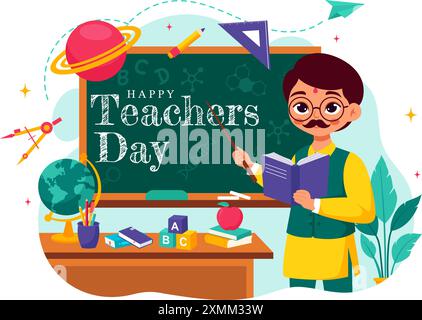 Happy Teachers Day in India Vector Illustration featuring Teacher Wearing Traditional Clothes and School Equipment in a Flat Cartoon Background Stock Vector