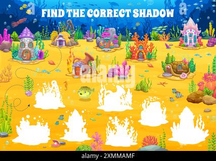Giochi per bambini, trova la giusta ombra di case e case da favola sottomarine. Foglio di lavoro del puzzle vettoriale, attività logica per bambini, età prescolare o parenti Illustrazione Vettoriale