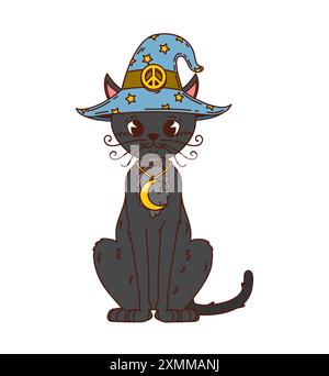 Personaggio gatto nero retrò Groovy Halloween. Personaggio mistico e bizzarro gattino di cartoni animati isolato che indossa un cappello blu mago con stelle Illustrazione Vettoriale