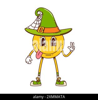 Emoji rétro sorriso sobrio personaggio di Halloween. Un personaggio di emozione dal volto giallo e giocoso, isolato, che indossa un cappello da strega verde con ragnatela e linguetta aderente Illustrazione Vettoriale