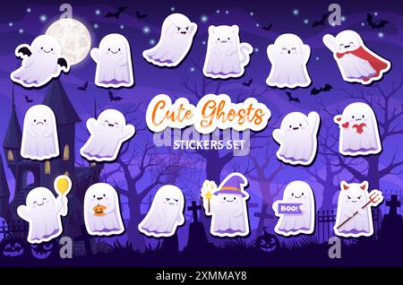 Confezione di adesivi dei personaggi fantasma del cartoni animati Halloween. Set Vector per le vacanze con toppe fantasma carine ed espressive per la spaventosa notte di halloween Illustrazione Vettoriale