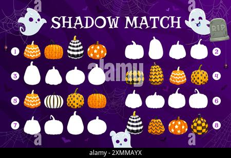 Aiuta i fantasmi kawaii di Halloween a trovare un'ombra corretta di zucche fantasia, foglio di lavoro vettoriale di gioco per bambini. Trucca o delizia le zucche natalizie abbinate al puzzolo Illustrazione Vettoriale
