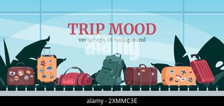 Atmosfera da viaggio. Tour delle vacanze. Terminal delle partenze dell'aeroporto. Trasportatore per bagagli. I passeggeri viaggiano. Cintura di sicurezza del bagagliaio. Valigie e zaini da viaggio. X-r Illustrazione Vettoriale