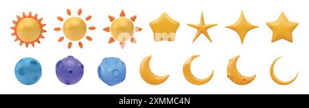 sole 3d, luna e stella, mezzaluna. Notte, icone dei cartoni animati delle nuvole diurne, forma luminosa del cielo naturale, elementi meteorologici soleggiati. Previsione degli oggetti meteorologici. Vect Illustrazione Vettoriale