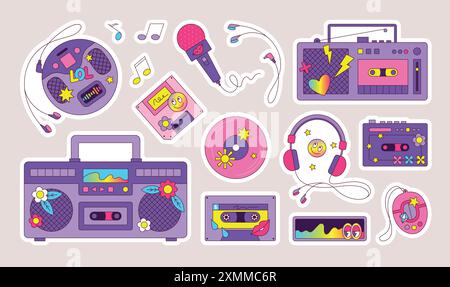 Musica retrò. Adesivi per cassette Y2K. boombox a nastro da 90 o 80 sec. Pop disco. Festa di ballo. Registrazione radio. Note musicali e vaporwave stereo. Disco DJ audio. Illustrazione Vettoriale