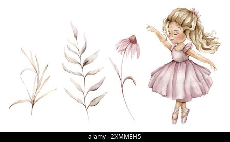 Set di fiori e rami illustrativi botanici autunnali ad acquerello. Illustrazione floreale e ballerina da ballo in abito rosa. Disegno dipinto a mano Foto Stock