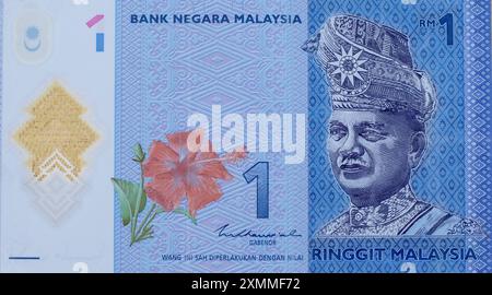 La banconota in plastica polimerica blu brillante di 1 Ringgit malese presenta il primo Capo di Stato Supremo della Malesia, Abdul Rahman di Negeri Sembilan, come W Foto Stock