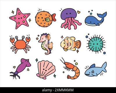 Ciao a tutti, abbelliamo i tuoi progetti aggiungendo la nostra collezione di elementi Sea Animal Doodle Set Illustrazione Vettoriale