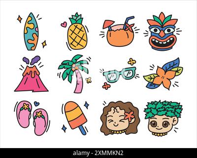 Ciao a tutti, abbelliamo i tuoi progetti aggiungendo la nostra collezione di elementi disegnati a mano Hawaii Doodle Set Illustrazione Vettoriale