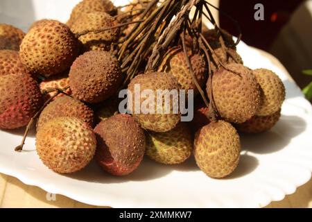 Frutti Lychee o Litchi (Litchi chinensis) ricoperti di buccia dura e ruvida : (Pix Sanjiv Shukla) Foto Stock