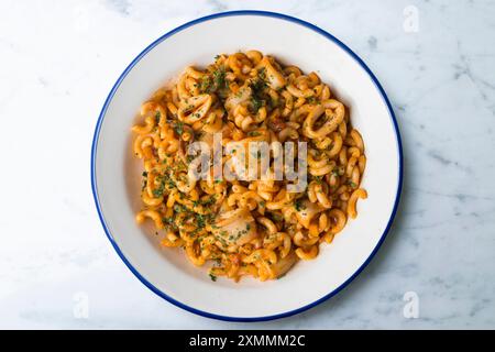 Deliziosa fideua spagnola con frutti di mare. Piatto tipico della gastronomia spagnola. Foto Stock