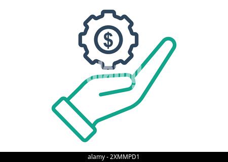 Icona Business Management. mano con attrezzi e dollari. icona relativa al business. stile icona linea. illustrazione vettoriale degli elementi aziendali Illustrazione Vettoriale