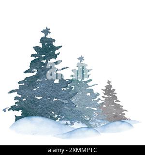 Foresta di abeti rossi invernali con abeti innevati, dipinti con acquerelli, disegnati a mano. Illustrazione invernale con acquerello. Paesaggio invernale. Foto Stock