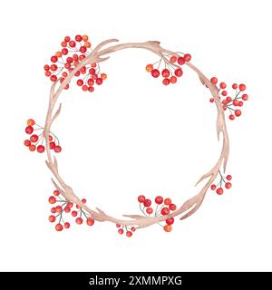 Struttura rotonda in legno con frutti di bosco di rowan. Illustrazione acquerello botanico. Corona autunnale fatta di rami d'albero con consistenza e frutta. Disegnato a mano Foto Stock