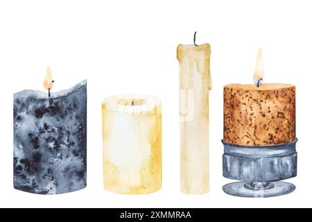 Set di candele magiche di forme e colori diversi. Illustrazione dipinta ad acquerello. Foto Stock