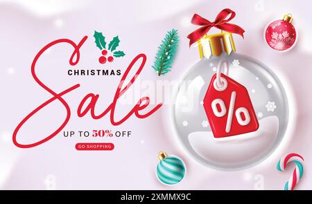 Design del banner vettoriale di testo per la vendita natalizia. Offerta natalizia fino al 50% di sconto con tag percentuale in pallina di cristallo da neve per la promozione speciale Illustrazione Vettoriale