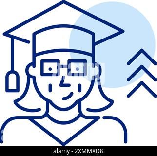 Donna anziana che indossa gli occhiali. Evento di laurea. Mortarboard e frecce verso l'alto. Istruzione superiore per gli anziani. Icona del vettore pixel Perfect Illustrazione Vettoriale