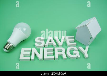 Risparmia energia con le lettere dell'alfabeto con il modello di casa e le lampadine a LED su sfondo verde, risparmiando e rispettando l'ambiente Foto Stock