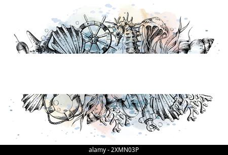 Animali marini con ancora, salvagente e volante. Illustrazione della grafica in bianco e nero, disegnata a mano. Scheda orizzontale Illustrazione Vettoriale