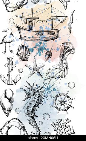 Sali a bordo senza interruzioni con gli abitanti sottomarini, un faro e una barca. Illustrazione della grafica in bianco e nero, disegnata a mano dal Illustrazione Vettoriale