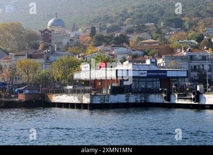 BURGAZADA, ISTANBUL, TURCHIA-05 NOVEMBRE 2021: Isola di Burgazada con Chiesa greco-ortodossa Aghios oannes Prodromos, alias Aya Yani Kilisesi e piccolo traghetto Foto Stock