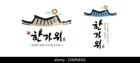 Il giorno del Ringraziamento coreano, calligrafia e luna piena, tradizionale combinazione di emblema del tetto Hanok. Illustrazione Vettoriale