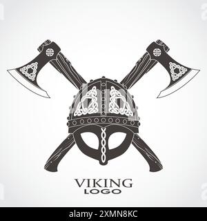 casco ornamentale vichingo con asce incrociate, logo araldica Illustrazione Vettoriale
