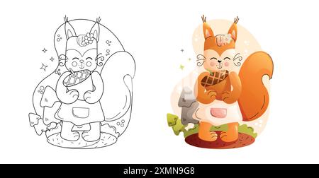 Cute Squirrel Coloring Page in bianco e nero e versioni a colori. Set di animali per bambini. Illustrazione Vettoriale