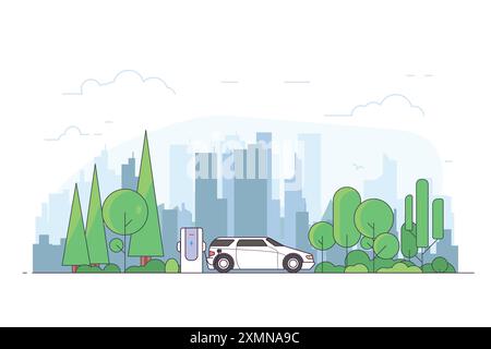 Auto elettrica con stazione di ricarica Illustrazione Vettoriale